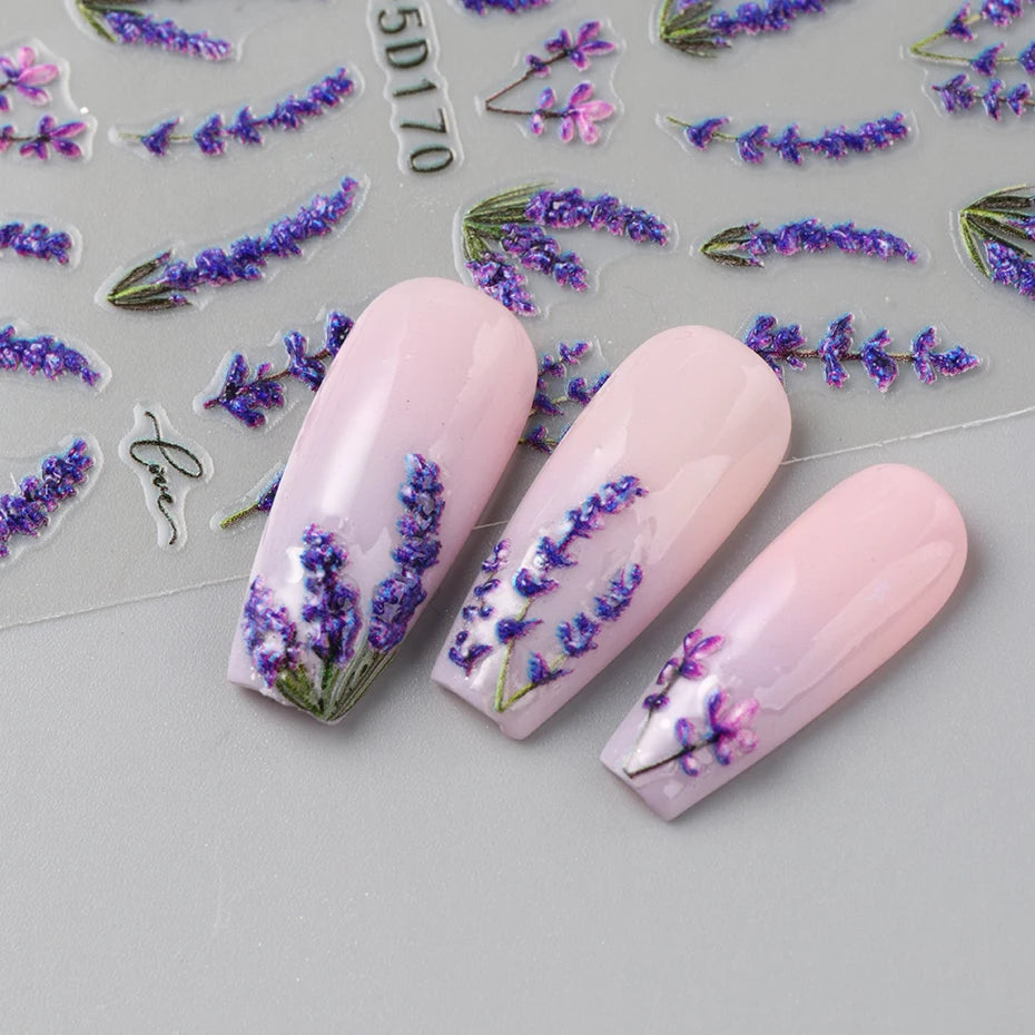 5D Embossed Lavender Flower Nail Stickers 2pc