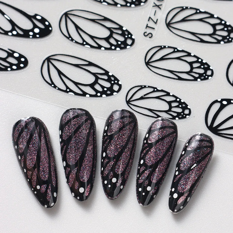 2pcs Stunning Black Butterfly Wings Nail Stickers Elegant Spring Nail Designs 3D Self-Adhesive Foils Nail Art Decorations