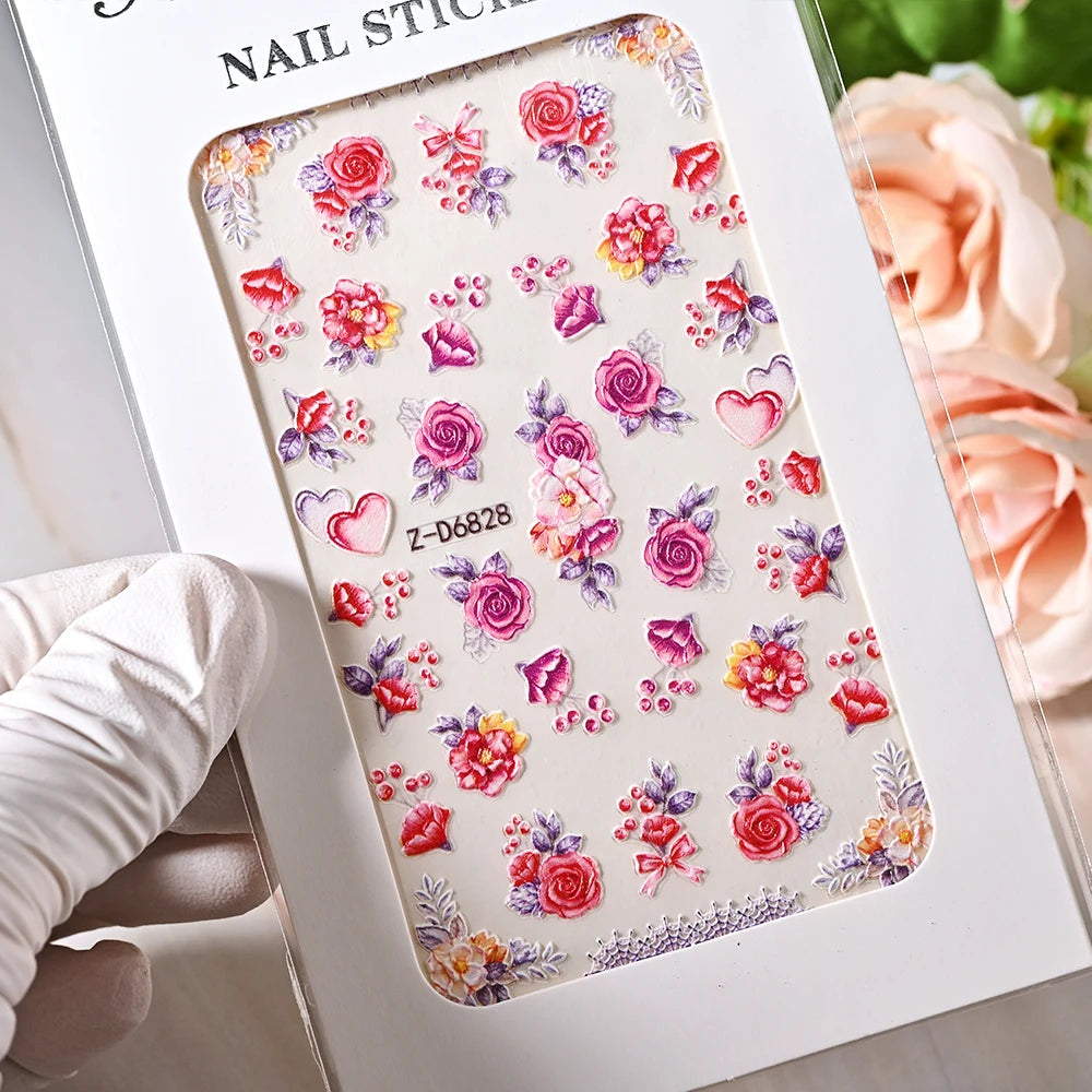 1pc 5D Embossed Flowers leaves Design Nail Art Stickers,Nails Art Decals Self Adhesive Nail Sticker Supplies for Women and Girls