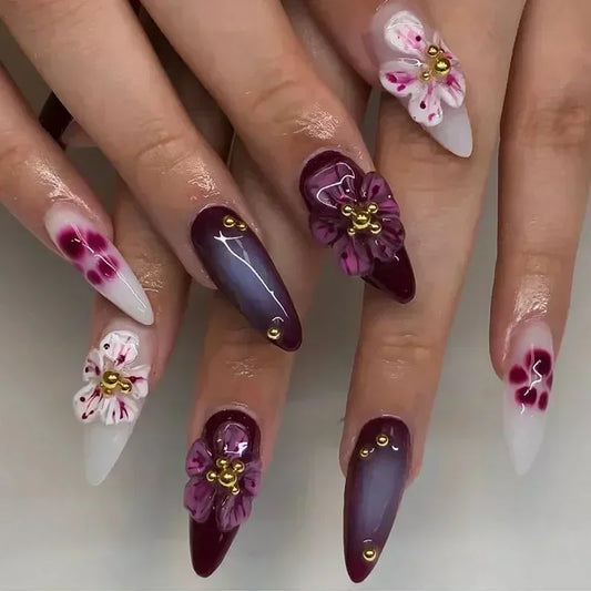 Yellow Peach Floral Almond Nails
