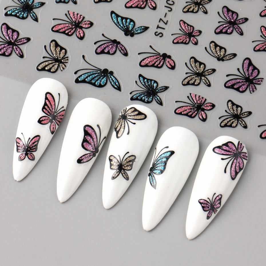 Glitter Butterfly Nail Stickers Decals Charm 3D Shiny Blue Pink Design Self Adhesive Sliders Nail Art Foils Manicure Decorations