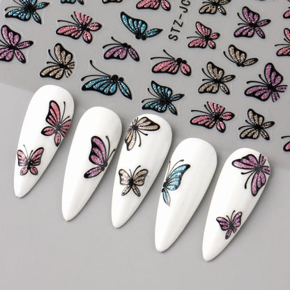 Glitter Butterfly Nail Stickers Decals Charm 3D Shiny Blue Pink Design Self Adhesive Sliders Nail Art Foils Manicure Decorations