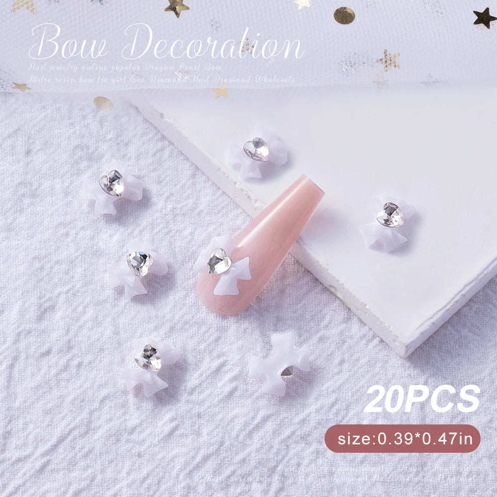 30/20/10PC Pink Ribbon Resin Bow Parts Nail Charms Mix-Style Bow Rhinestone Jewelry 8-12mm Y2K Accessory for DIY Manicure Decora