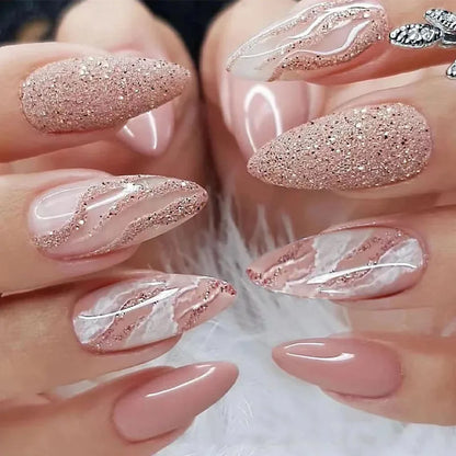 Rose Pink Glitter Almond Nails