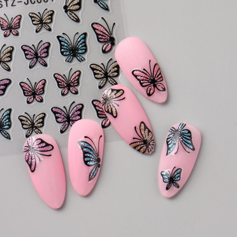 Glitter Butterfly Nail Stickers Decals Charm 3D Shiny Blue Pink Design Self Adhesive Sliders Nail Art Foils Manicure Decorations