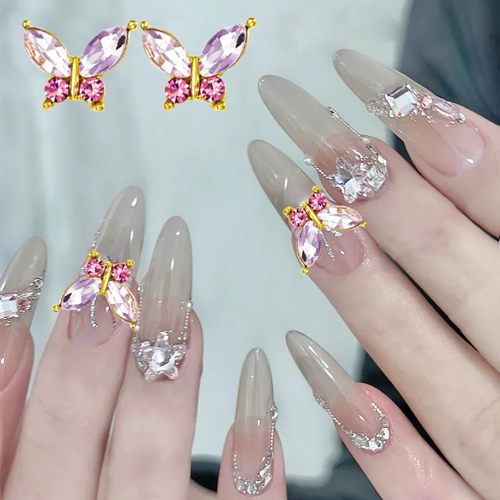 Pink Butterfly Zircon Nail Charms 10pc