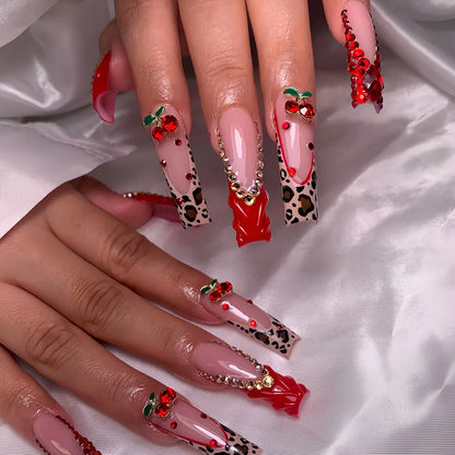 Leopard Cherry Rhinestone Press-On Nails