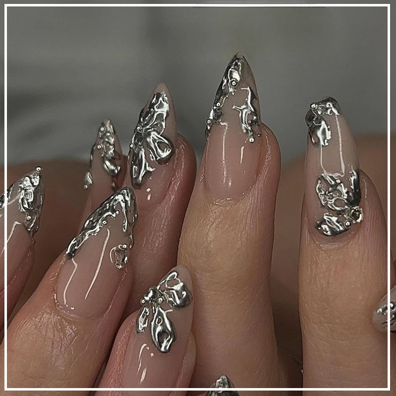 Goth Spike Silver Bow Press-On Nails