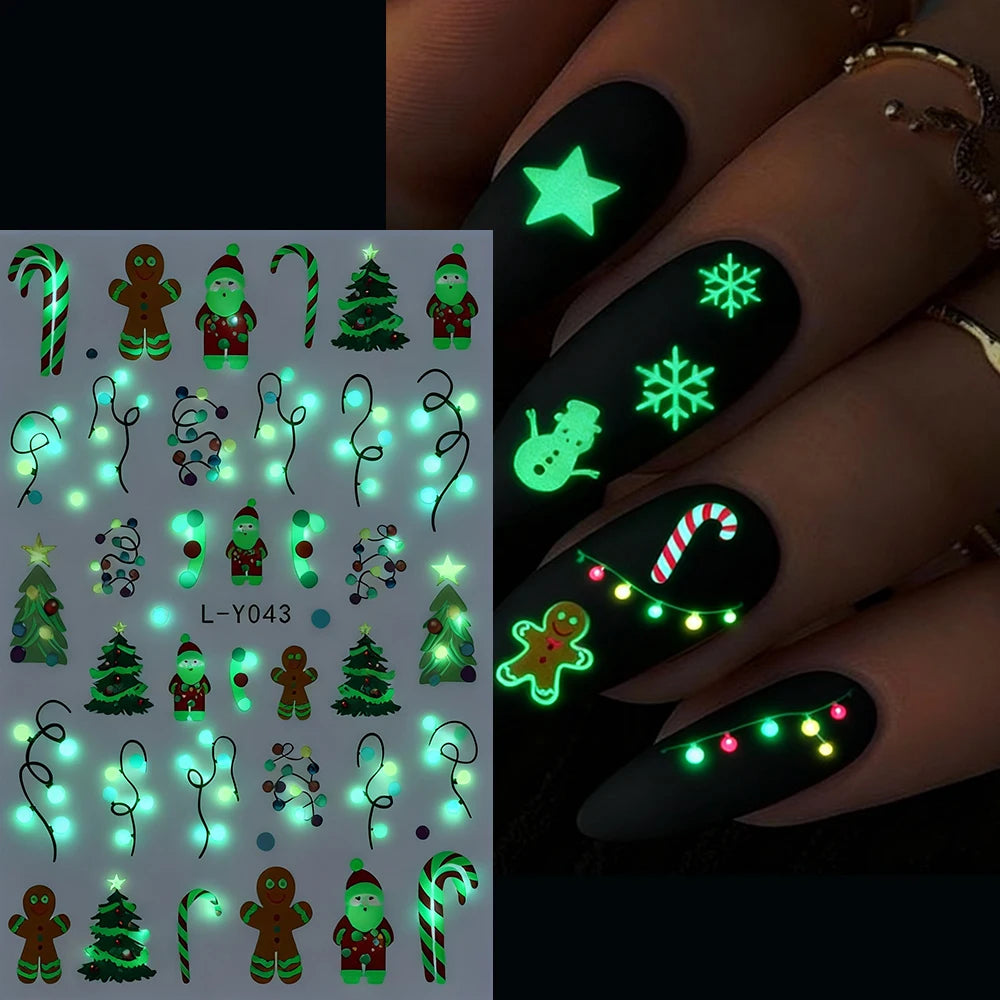 1pcs Luminous Light Bulbs Design Nail Art Stickers 3D Christmas Tree Snowflakes Noctilucent Lanterns Nail Decals DIY Winter Nail