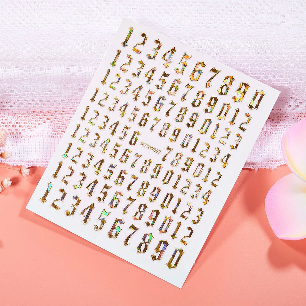 1 Sheet Arab Numbers Nail Art Sticker 3D Laser Self-Adhesive Manicure Decals Tips 8*10cm DIY Arabic Numerals Nail Decoration Par