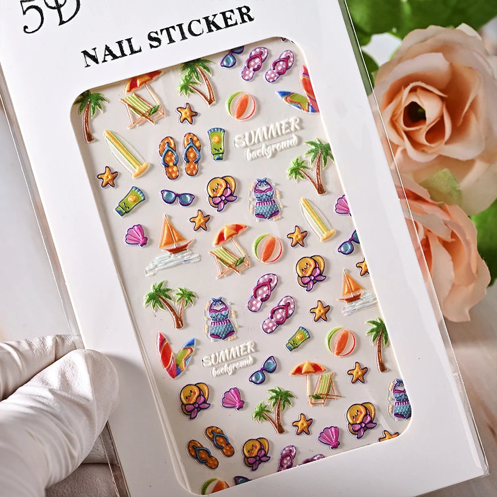 5D Sea Nail Art Stickers Embossed Self-Adhesive Ocean Beach Style Nail Slider Kawaii Starfish/Shell/Coral Reef Decor Nail Decals