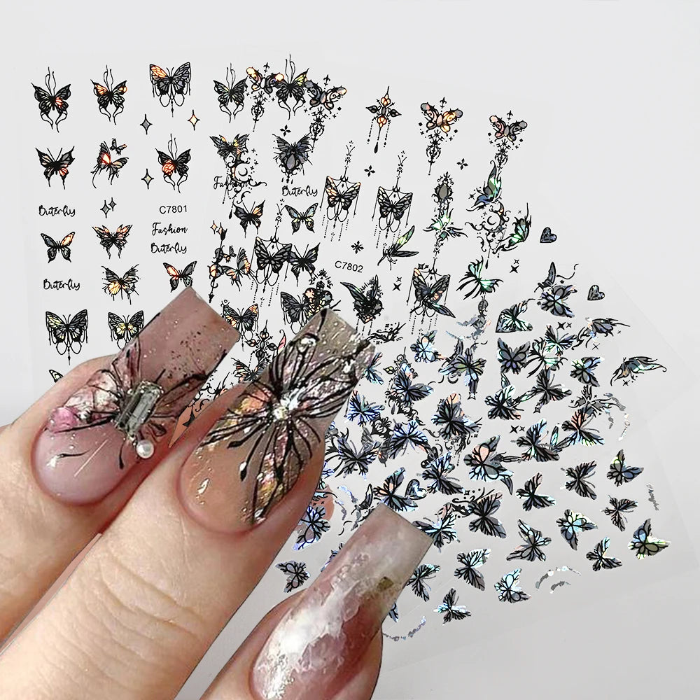 4Pcs/Set Laser Black Butterfly Stickers Holographic Butterflies Star Jewelry Design Decals 3D Self-Adhesive Slider Nails Decora*