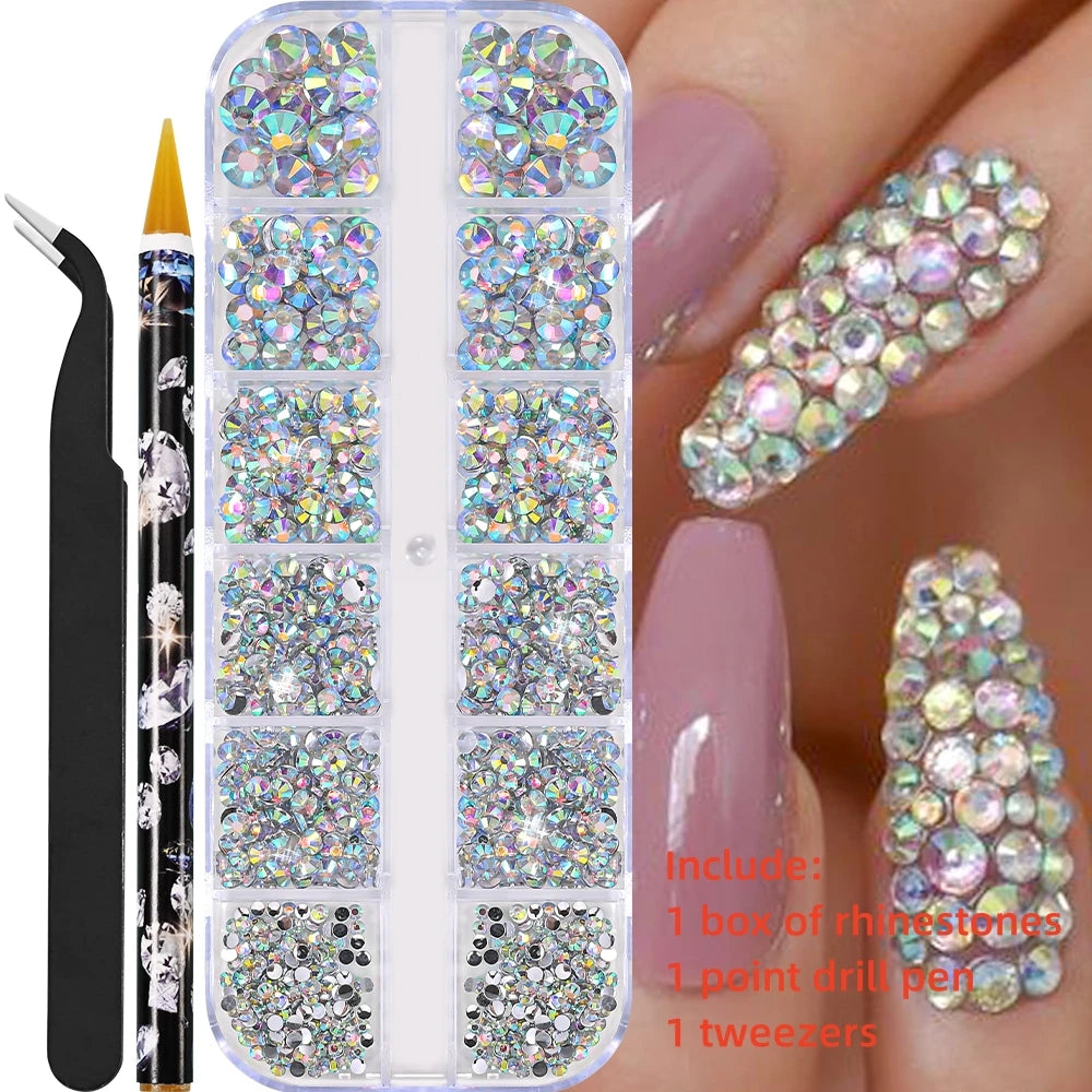 Crystal AB Rhinestone Nail Art Kit 12 Grid