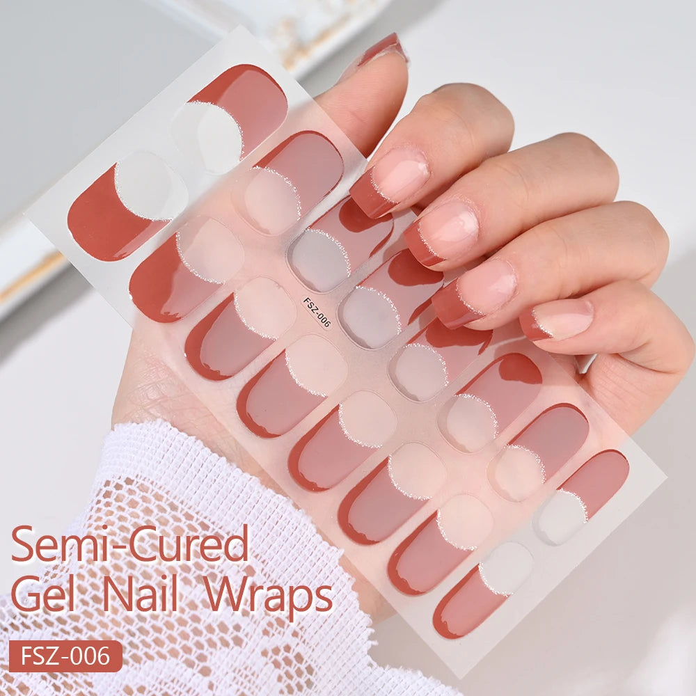 16Tips Semi-cured Gel Nail Stickers Red/Wine Red Nails Gel slider UV lamp Cured Extended Nails DIY Women Nails Decal Decor Gifts