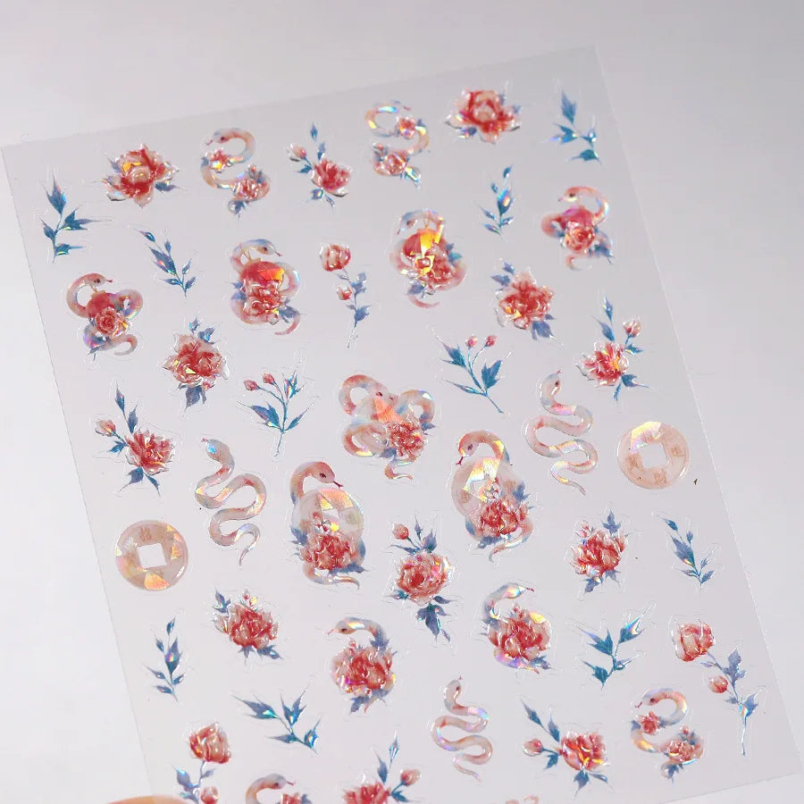 Colorful Floral Nail Art Sticker Summer Garden Motifs Juicy Flower Petals Dimensional Botanical Patterns Adhesive Manicure Decal