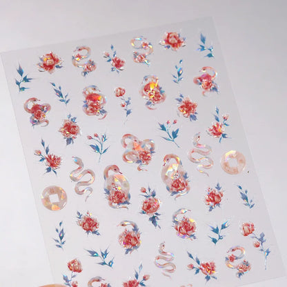Colorful Floral Nail Art Sticker Summer Garden Motifs Juicy Flower Petals Dimensional Botanical Patterns Adhesive Manicure Decal