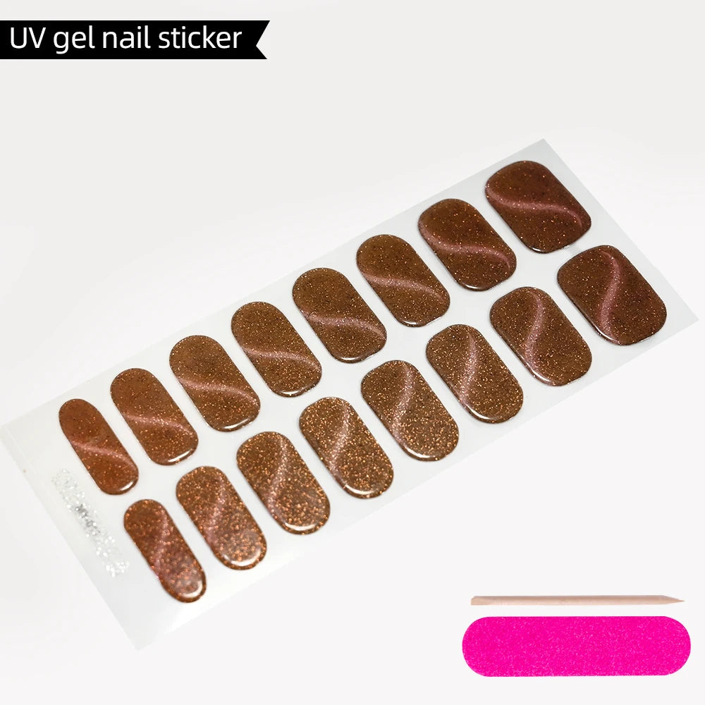 Green Cat Eyes Semi Cured Gel Nail Stickers 16Tips Pure Color Fine Flash Full Cover Nail Slider UV/LED  Baking  Lamp Gel Sticker