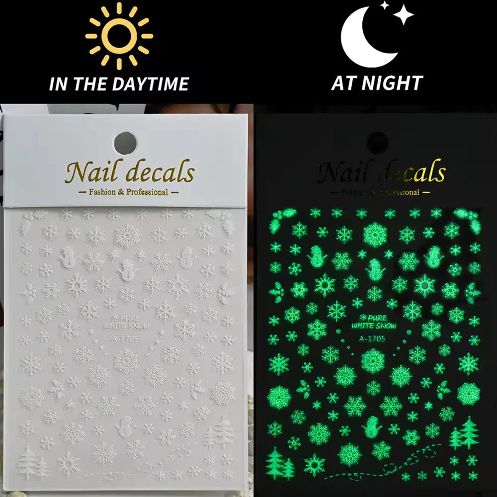 1pcs Luminous Light Bulbs Design Nail Art Stickers 3D Christmas Tree Snowflakes Noctilucent Lanterns Nail Decals DIY Winter Nail