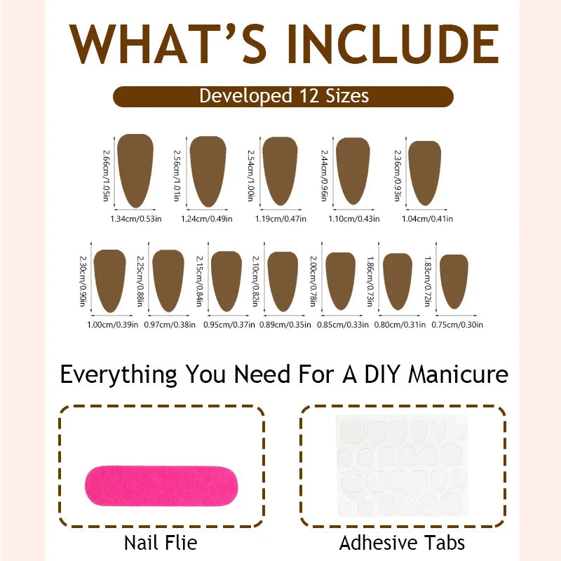 24pcs Press-On Nails Brown Cat-Eye Star and Polka Dot Long Almond-Shaped Fake Nails—Perfect for Women and Everyday Use
