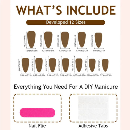 24pcs Press-On Nails Brown Cat-Eye Star and Polka Dot Long Almond-Shaped Fake Nails—Perfect for Women and Everyday Use