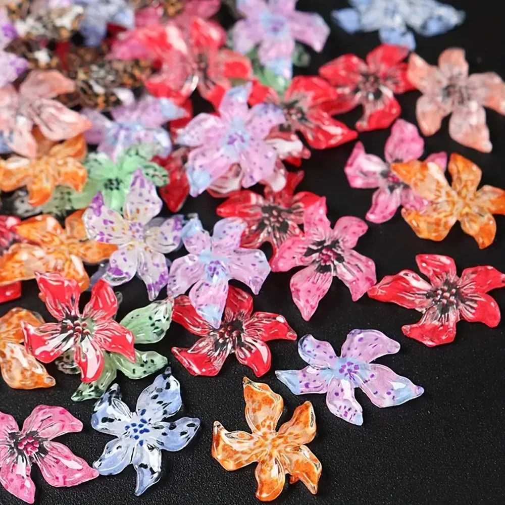 60pcs Mixed Hawaiian Flower Nail Decoration 3D Gradient Cherry Blossom Crystal Five Petal Leopard Print Lily Flower Nail Charms
