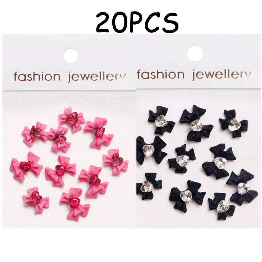 30/20/10PC Pink Ribbon Resin Bow Parts Nail Charms Mix-Style Bow Rhinestone Jewelry 8-12mm Y2K Accessory for DIY Manicure Decora