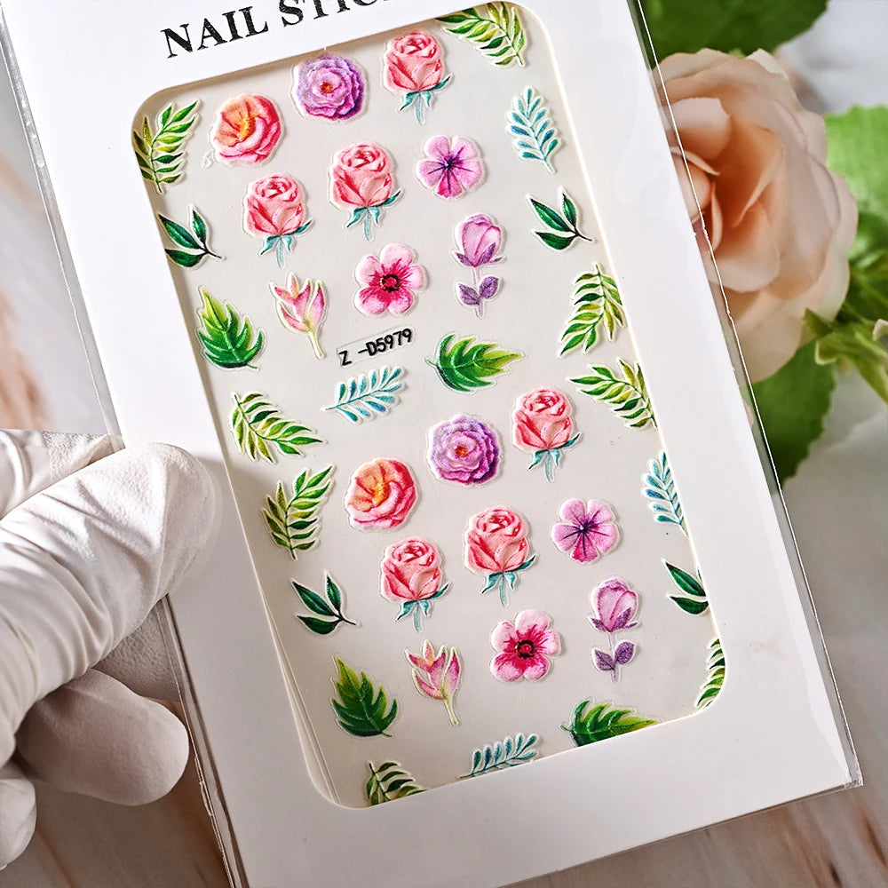 1pc 5D Embossed Flowers leaves Design Nail Art Stickers,Nails Art Decals Self Adhesive Nail Sticker Supplies for Women and Girls