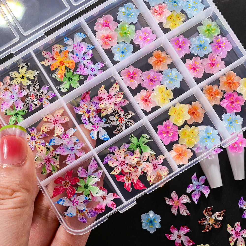 60pcs Mixed Hawaiian Flower Nail Decoration 3D Gradient Cherry Blossom Crystal Five Petal Leopard Print Lily Flower Nail Charms