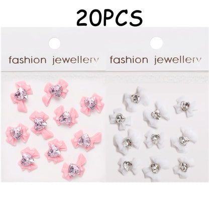30/20/10PC Pink Ribbon Resin Bow Parts Nail Charms Mix-Style Bow Rhinestone Jewelry 8-12mm Y2K Accessory for DIY Manicure Decora