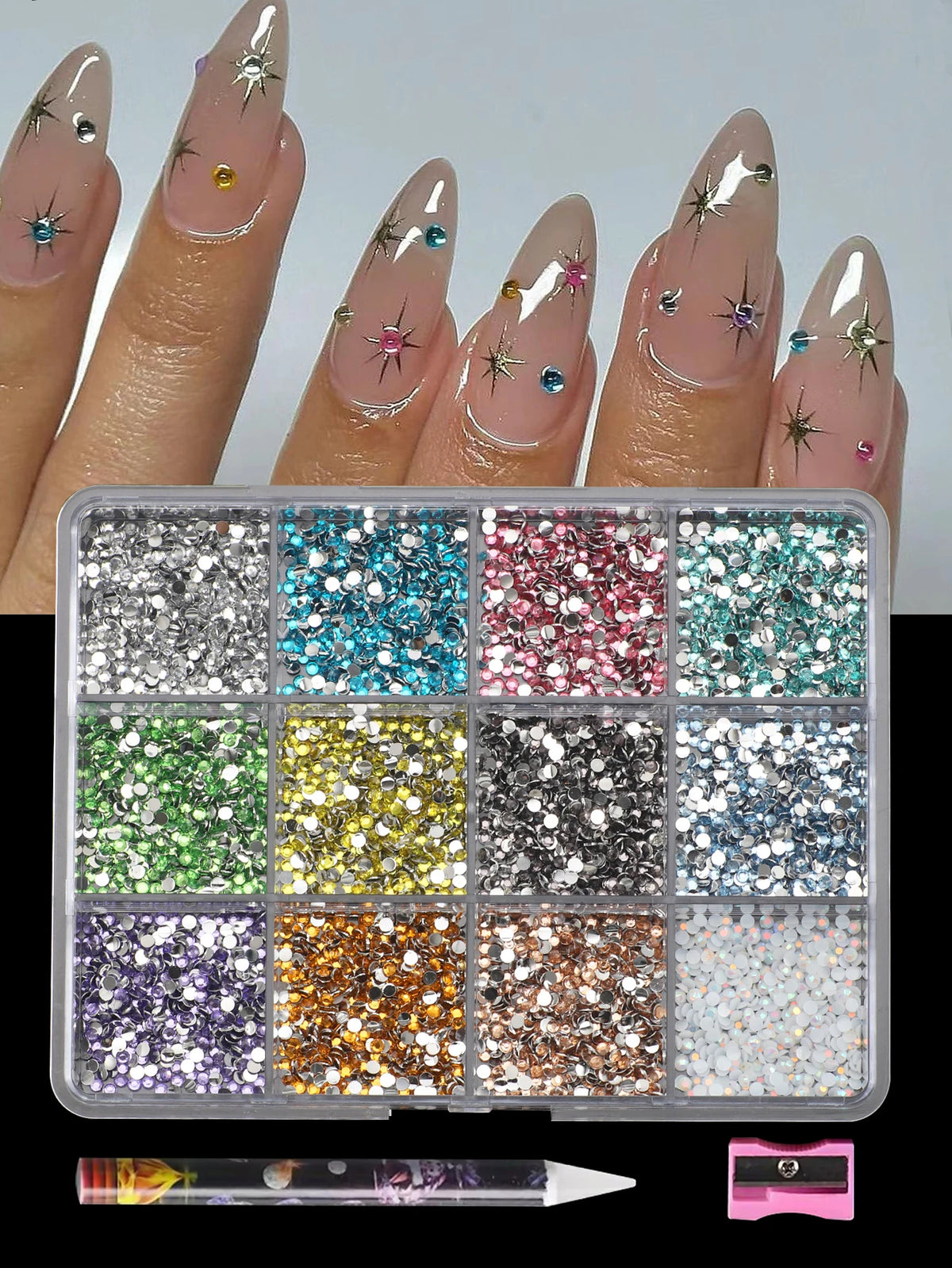 AB Color Diamond Nail Charms 12 Color Set