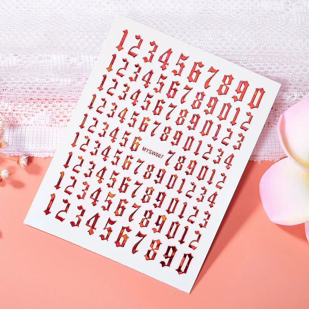 1 Sheet Arab Numbers Nail Art Sticker 3D Laser Self-Adhesive Manicure Decals Tips 8*10cm DIY Arabic Numerals Nail Decoration Par
