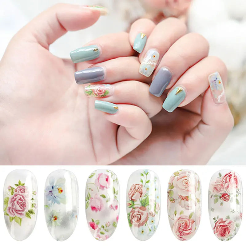 10Roll/Box Rose Flowers Designs Transfer Foil Sky Decals Transfer Foil Nails Sliders Holographic Flower Stickers Manicure Decor*