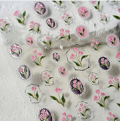 Colorful Floral Nail Art Sticker Summer Garden Motifs Juicy Flower Petals Dimensional Botanical Patterns Adhesive Manicure Decal