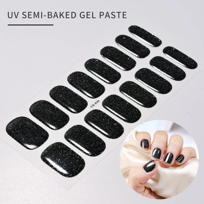 16Tips Glitter Semi-Cured Gel UV Sticker 3D French Gradient Shiny Glitter Powder UV Gel Sticker Full Cover UV Lamp Glitter Decal