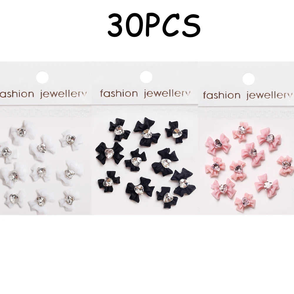 30/20/10PC Pink Ribbon Resin Bow Parts Nail Charms Mix-Style Bow Rhinestone Jewelry 8-12mm Y2K Accessory for DIY Manicure Decora