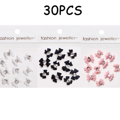 30/20/10PC Pink Ribbon Resin Bow Parts Nail Charms Mix-Style Bow Rhinestone Jewelry 8-12mm Y2K Accessory for DIY Manicure Decora