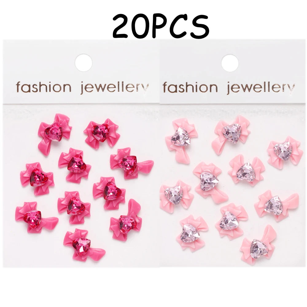 30/20/10PC Pink Ribbon Resin Bow Parts Nail Charms Mix-Style Bow Rhinestone Jewelry 8-12mm Y2K Accessory for DIY Manicure Decora