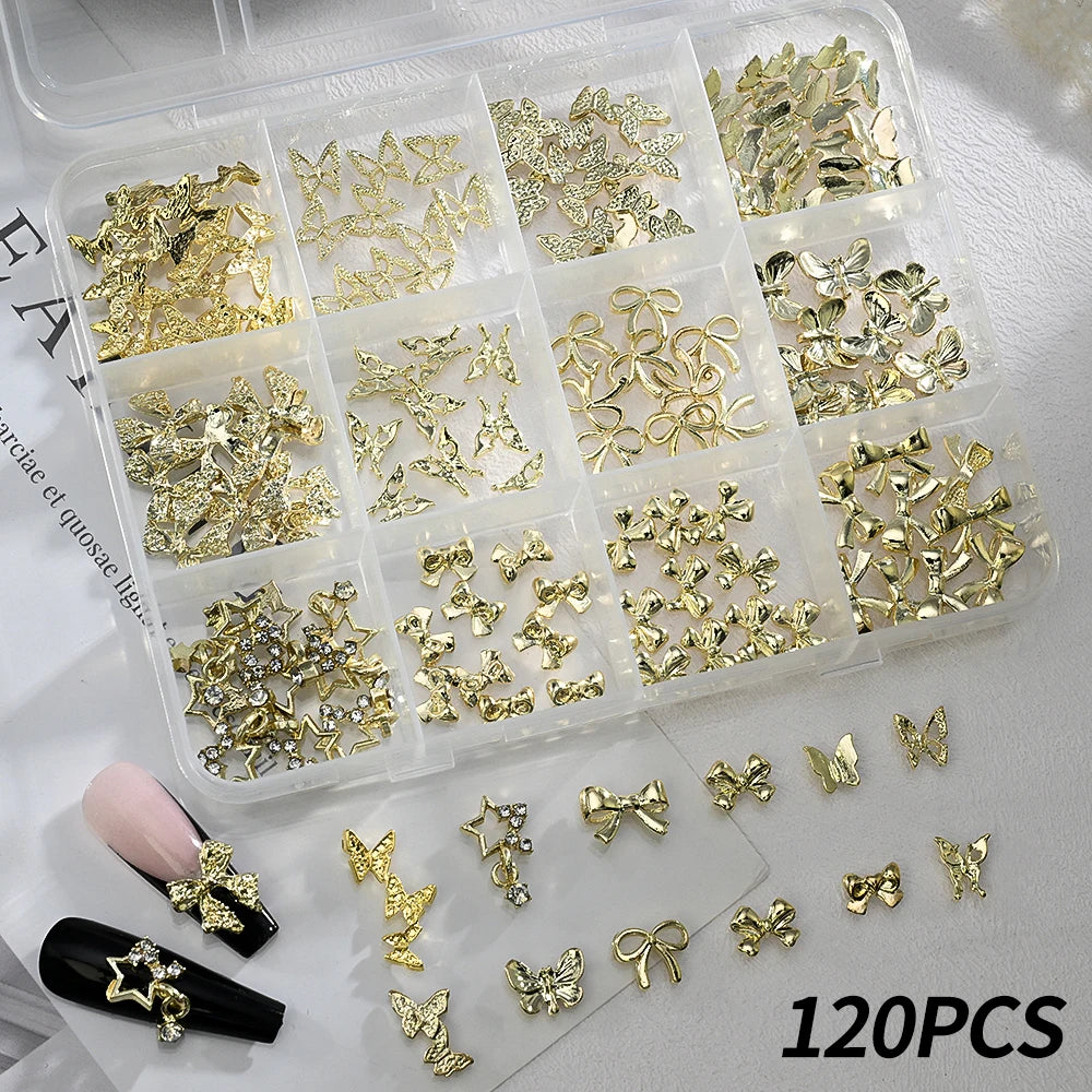 Gold Bow Butterfly Metal Nail Charms 120pc