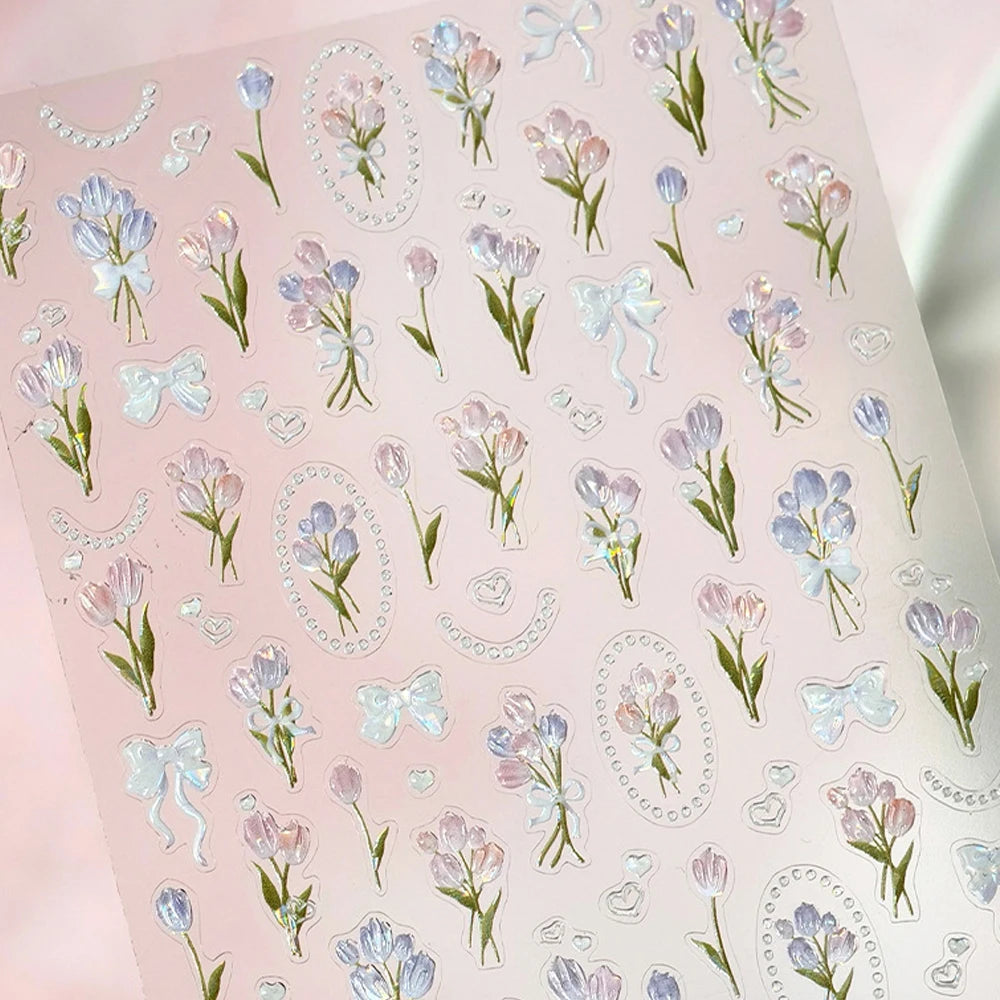 Colorful Floral Nail Art Sticker Summer Garden Motifs Juicy Flower Petals Dimensional Botanical Patterns Adhesive Manicure Decal