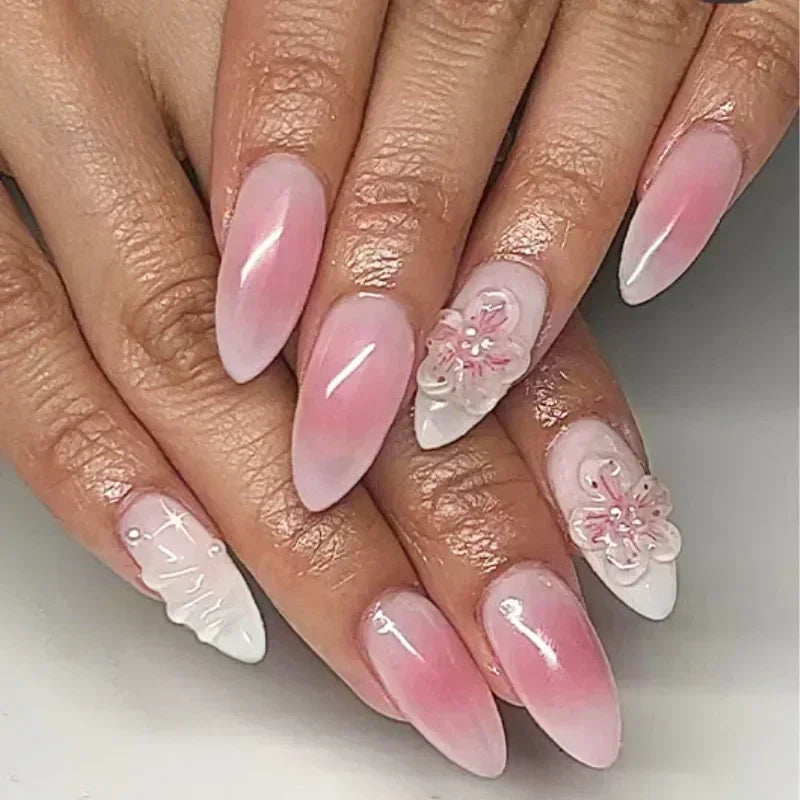 Yellow Peach Floral Almond Nails
