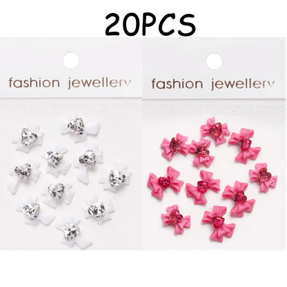 30/20/10PC Pink Ribbon Resin Bow Parts Nail Charms Mix-Style Bow Rhinestone Jewelry 8-12mm Y2K Accessory for DIY Manicure Decora