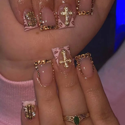 Diamond French Nude Leopard Nails