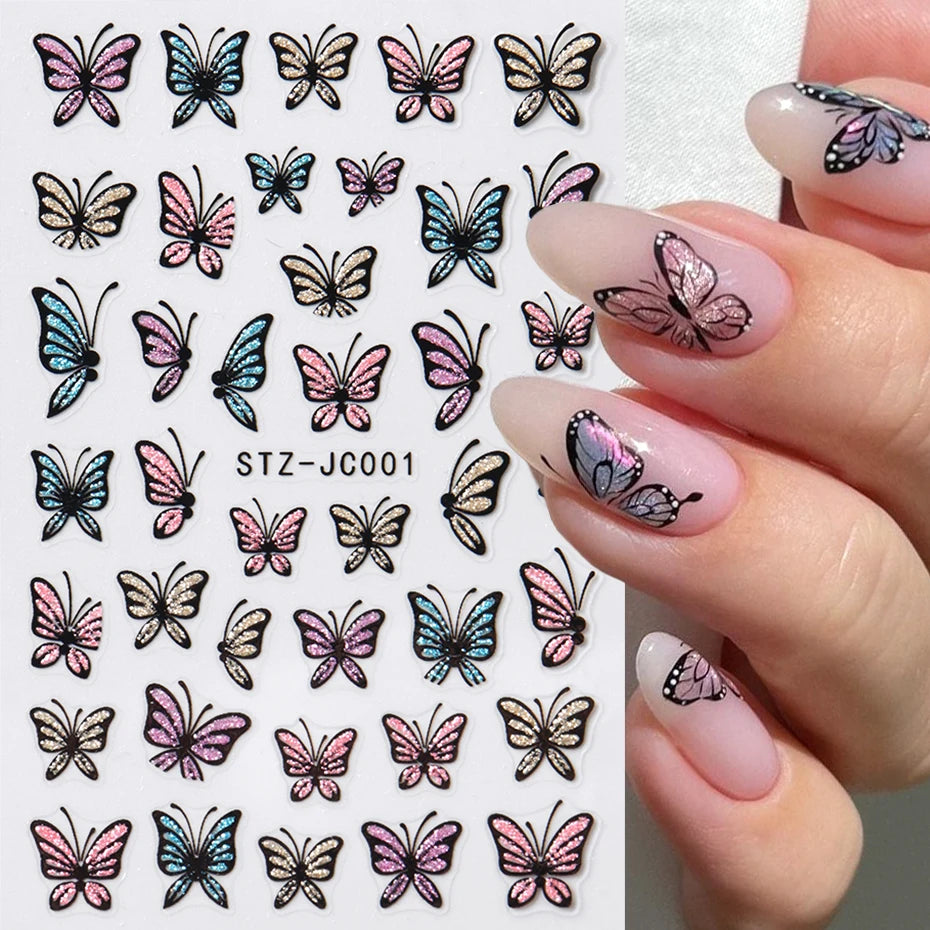 Glitter Butterfly Nail Stickers Decals Charm 3D Shiny Blue Pink Design Self Adhesive Sliders Nail Art Foils Manicure Decorations