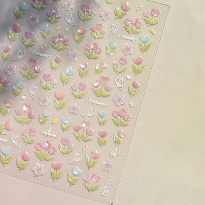Colorful Floral Nail Art Sticker Summer Garden Motifs Juicy Flower Petals Dimensional Botanical Patterns Adhesive Manicure Decal