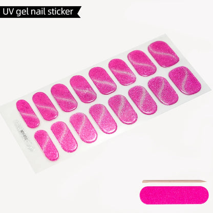 Green Cat Eyes Semi Cured Gel Nail Stickers 16Tips Pure Color Fine Flash Full Cover Nail Slider UV/LED  Baking  Lamp Gel Sticker