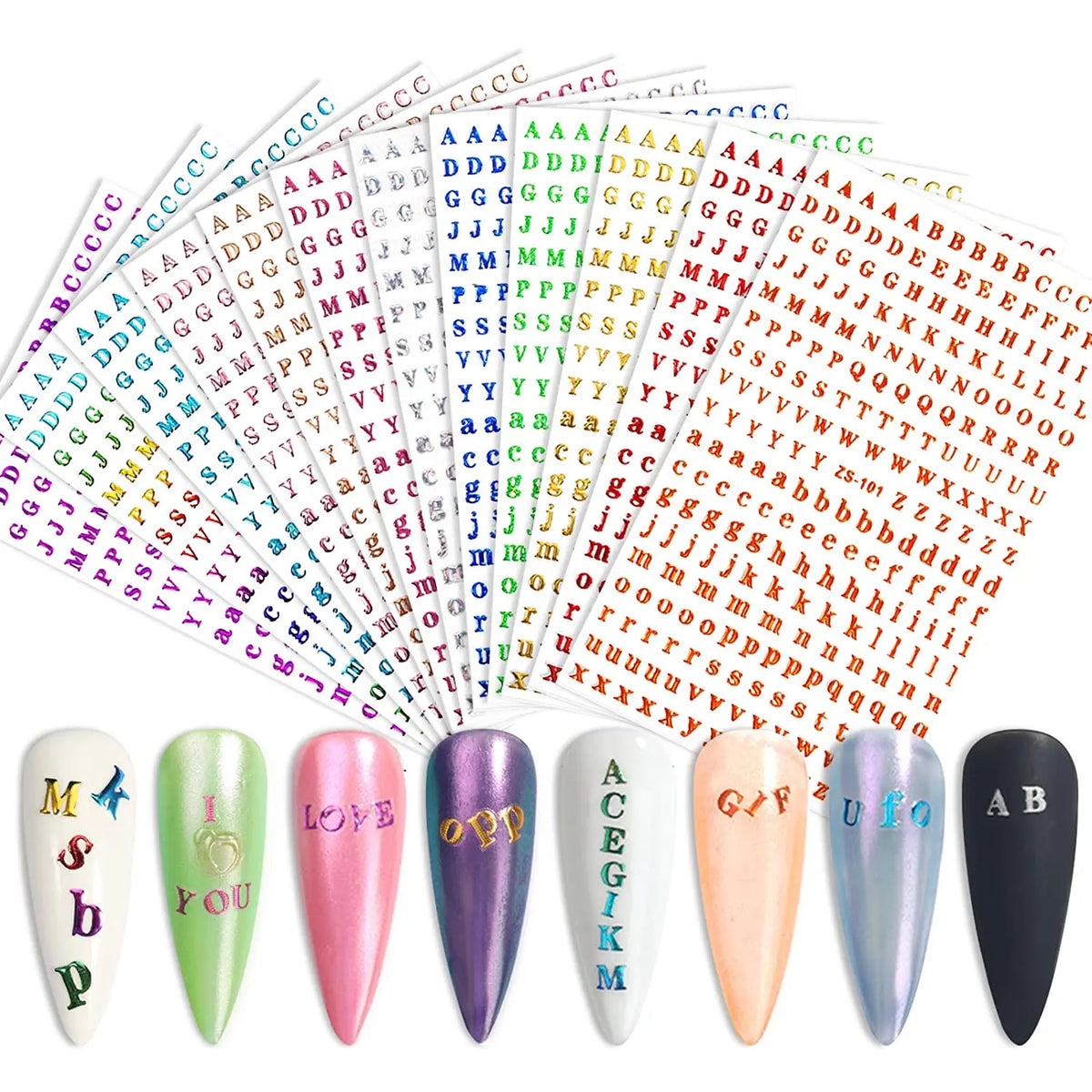 12Sheets 26-Bit Letters Nail Art Sticker Set Self-Adhesive Capital/Lower Case English Alphabet Nail Slider 3D Manicure Decal Kit