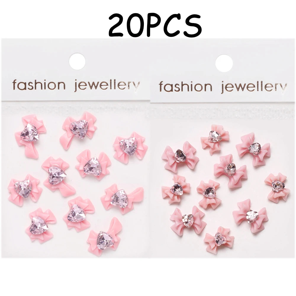 30/20/10PC Pink Ribbon Resin Bow Parts Nail Charms Mix-Style Bow Rhinestone Jewelry 8-12mm Y2K Accessory for DIY Manicure Decora