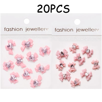 30/20/10PC Pink Ribbon Resin Bow Parts Nail Charms Mix-Style Bow Rhinestone Jewelry 8-12mm Y2K Accessory for DIY Manicure Decora