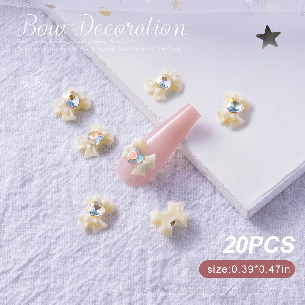 30/20/10PC Pink Ribbon Resin Bow Parts Nail Charms Mix-Style Bow Rhinestone Jewelry 8-12mm Y2K Accessory for DIY Manicure Decora