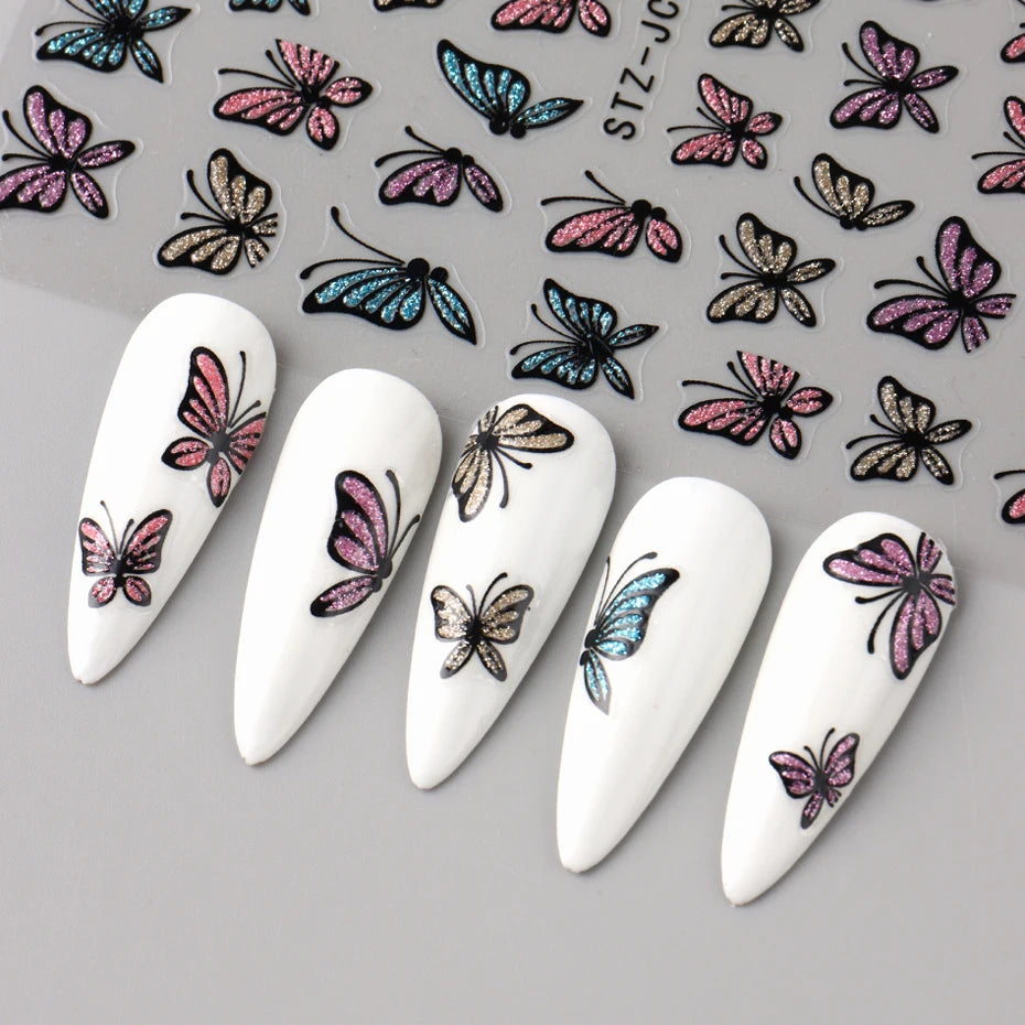 Glitter Butterfly Nail Stickers Decals Charm 3D Shiny Blue Pink Design Self Adhesive Sliders Nail Art Foils Manicure Decorations